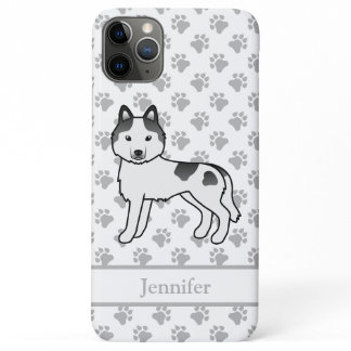 Black Piebald Siberian Husky Cartoon Dog &amp; Name iPhone 11 Pro Max Case
