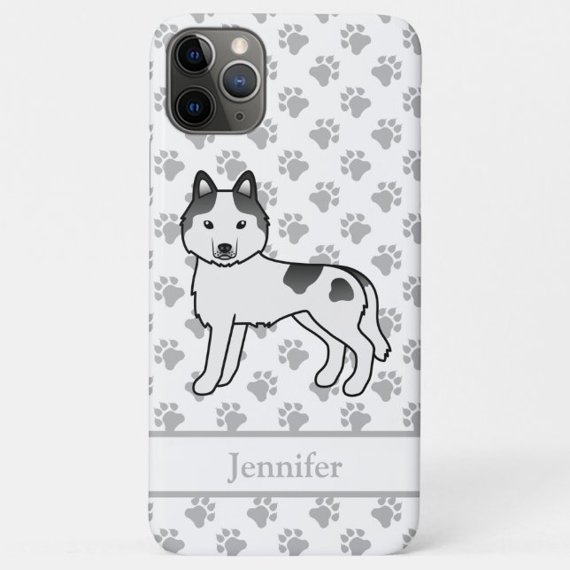 Black Piebald Siberian Husky Cartoon Dog & Name Case-Mate iPhone Case (Back)