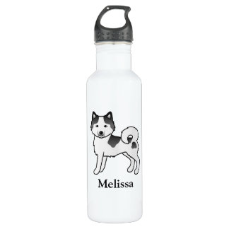 Black Piebald Siberian Husky Cartoon Dog &amp; Name Stainless Steel Water Bottle