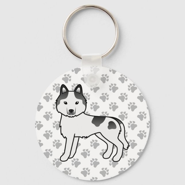 Black Piebald Siberian Husky Cartoon Dog & Paws Keychain (Front)