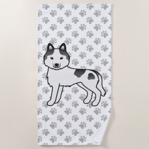 Black Piebald Siberian Husky Cute Cartoon Dog Beach Towel