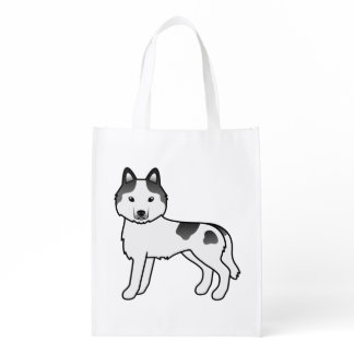 Black Piebald Siberian Husky Cute Cartoon Dog Grocery Bag
