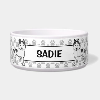 Black Piebald Siberian Husky With Pet's Name Bowl