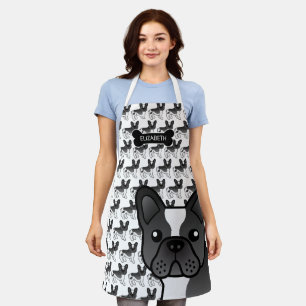 Black Pied French Bulldog Cute Cartoon Dog & Name Apron