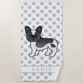 Black Pied French Bulldog Cute Cartoon Dog &amp; Name Beach Towel