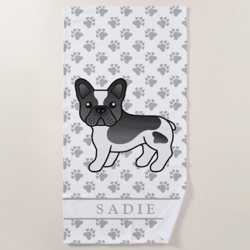 Black Pied French Bulldog Cute Cartoon Dog  Name Beach Towel