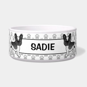 Black Pied French Bulldog Cute Cartoon Dog & Name Bowl
