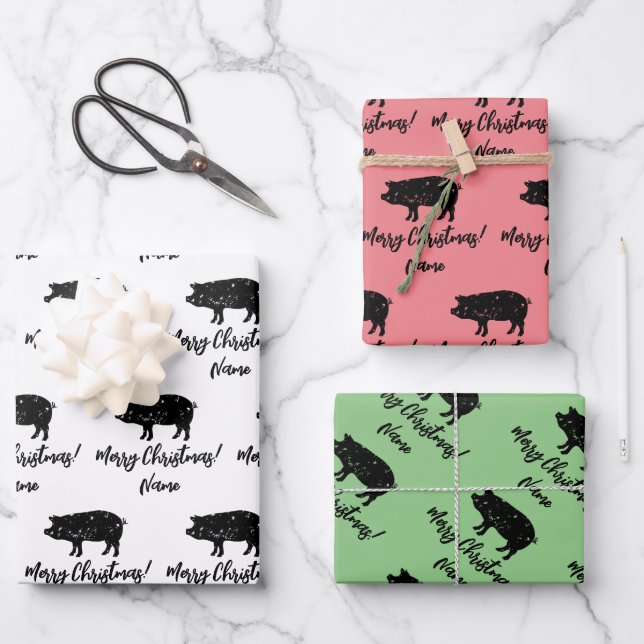Black pig farm animal silhouette custom Christmas Wrapping Paper Sheets (Front)