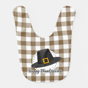 Black Pilgrim Hat on Brown Plaid - Thanksgiving Baby Bib