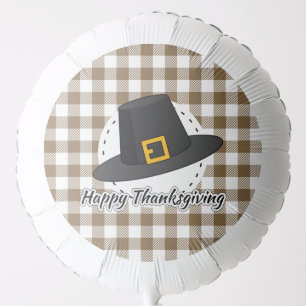 Black Pilgrim Hat on Brown Plaid - Thanksgiving Balloon