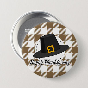 Black Pilgrim Hat on Brown Plaid - Thanksgiving Button