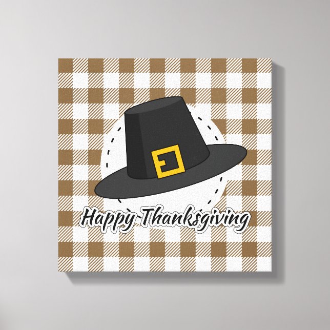 Black Pilgrim Hat on Brown Plaid - Thanksgiving Canvas Print (Front)