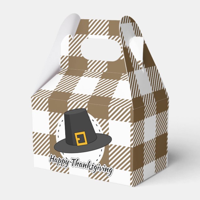 Black Pilgrim Hat on Brown Plaid - Thanksgiving Favor Boxes (Front Side)