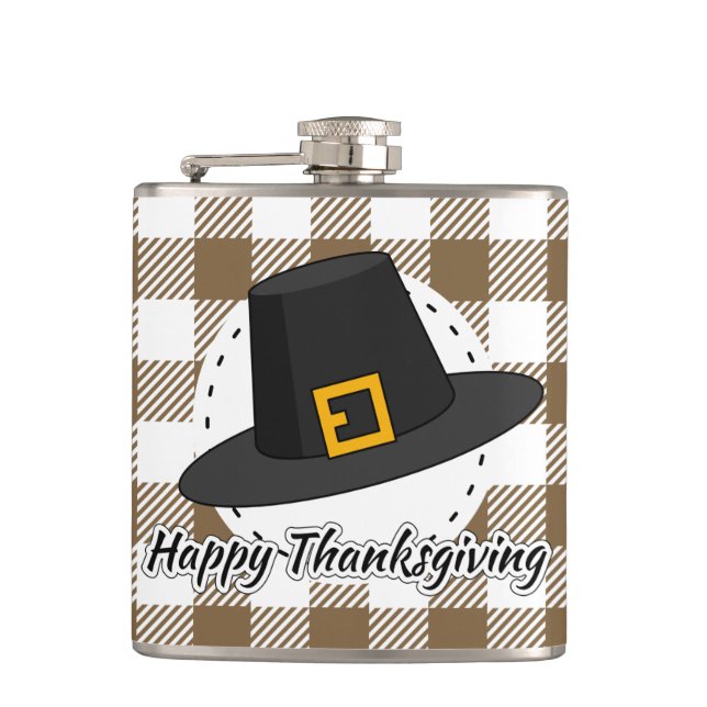 Black Pilgrim Hat on Brown Plaid - Thanksgiving Flask (Front)