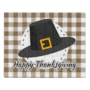 Black Pilgrim Hat on Brown Plaid - Thanksgiving Jigsaw Puzzle