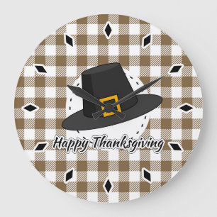 Black Pilgrim Hat on Brown Plaid - Thanksgiving Large Clock