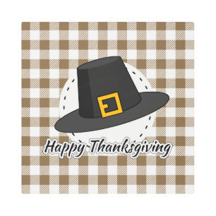 Black Pilgrim Hat on Brown Plaid - Thanksgiving Metal Print