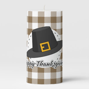 Black Pilgrim Hat on Brown Plaid - Thanksgiving Pillar Candle