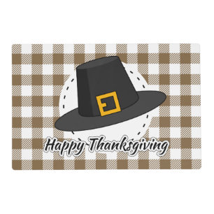 Black Pilgrim Hat on Brown Plaid - Thanksgiving Placemat