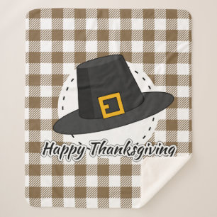 Black Pilgrim Hat on Brown Plaid - Thanksgiving Sherpa Blanket