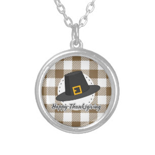 Black Pilgrim Hat on Brown Plaid - Thanksgiving Silver Plated Necklace