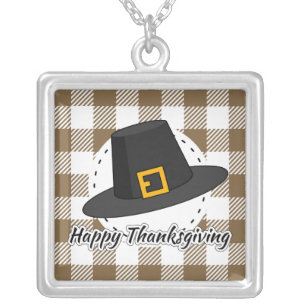 Black Pilgrim Hat on Brown Plaid - Thanksgiving Silver Plated Necklace