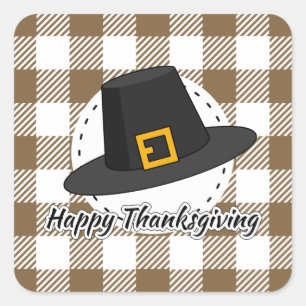 Black Pilgrim Hat on Brown Plaid - Thanksgiving Square Sticker