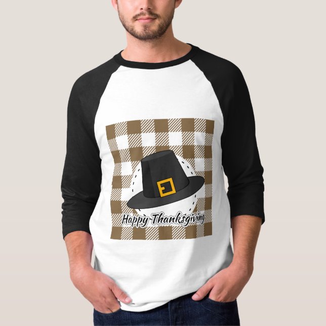 Black Pilgrim Hat on Brown Plaid - Thanksgiving T-Shirt (Front)
