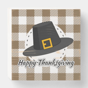 Black Pilgrim Hat on Brown Plaid - Thanksgiving Wooden Box Sign