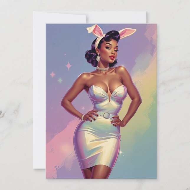Black Pin-Up Easter Bunny Ears Holiday Card (Front)