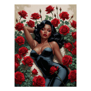 Black Pin-Up Sexy Suit Red Roses Poster