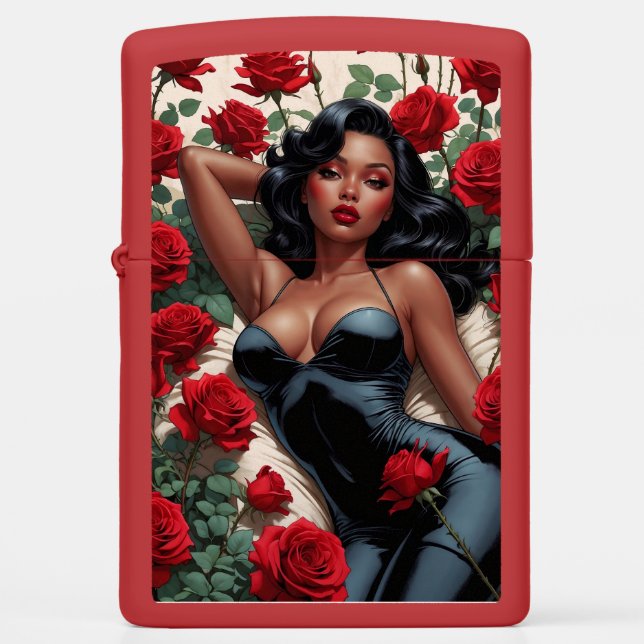 Black Pin-Up Sexy Suit Red Roses Zippo Lighter (Front)
