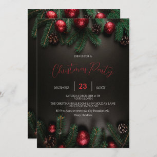 Black, Pine Tree Branch, Ornaments Invitation