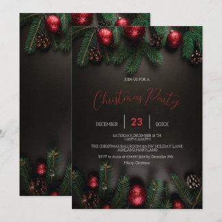 Black, Pine Tree Branch, Ornaments Invitation