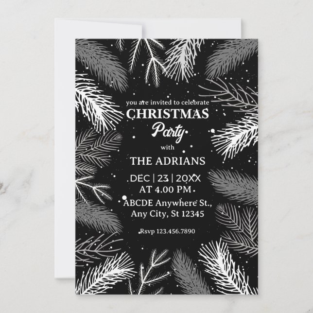 Black pine tree leaves with snow christmas party invitation (Front)
