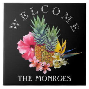 Black Pineapple Welcome Sign Family Name Tile