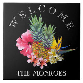 Black Pineapple Welcome Sign Family Name Tile