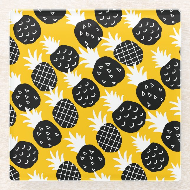 Black pineapples glass coaster (Front)