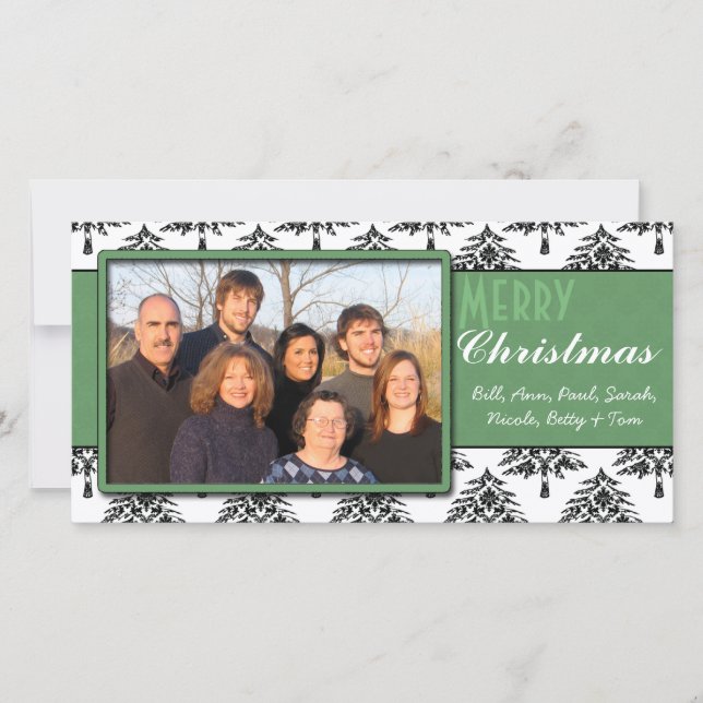 Black Pines Damask Green Trim Merry Christmas Holiday Card (Front)