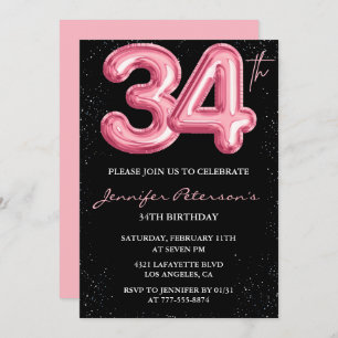 Black Pink 34th birthday invitations Balloon Glam