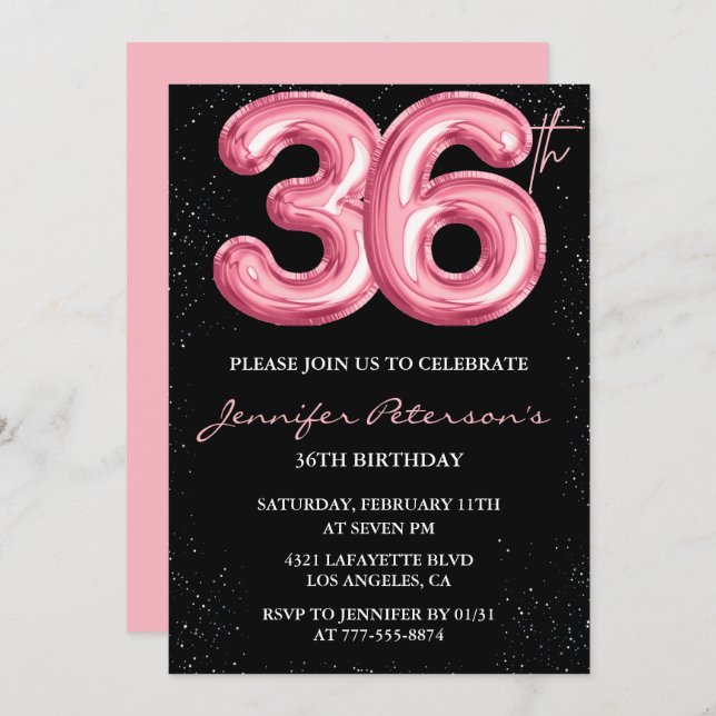 Black Pink 36th birthday invitations Balloon Glam  (Front/Back)