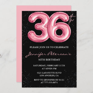 Black Pink 36th birthday invitations Balloon Glam