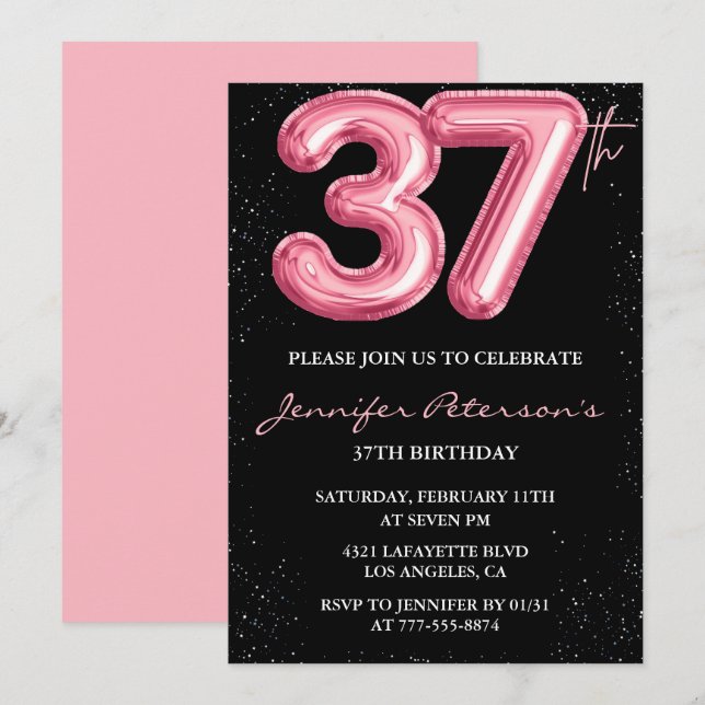 Black Pink 37th birthday invitations Balloon Glam  (Front/Back)