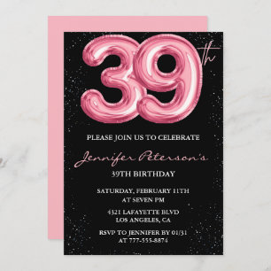 Black Pink 39th birthday invitations Balloon Glam