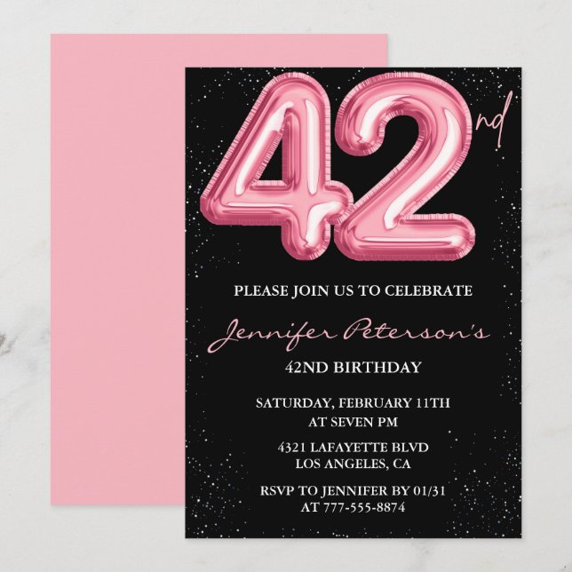 Black Pink 42nd birthday invitations Balloon Glam  (Front/Back)