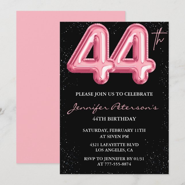 Black Pink 44th birthday invitations Balloon Glam  (Front/Back)