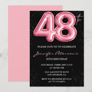 Black Pink 48th birthday invitations Balloon Glam 
