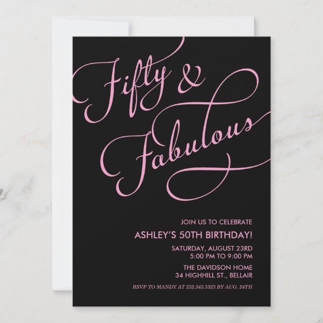 Black & Pink 50 and Fabulous Birthday Invitations (Front)
