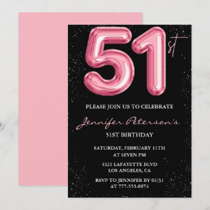 Black Pink 51st birthday invitations Balloon Glam 