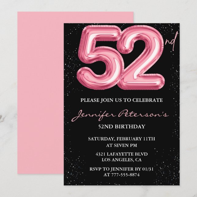 Black Pink 52nd birthday invitations Balloon Glam  (Front/Back)